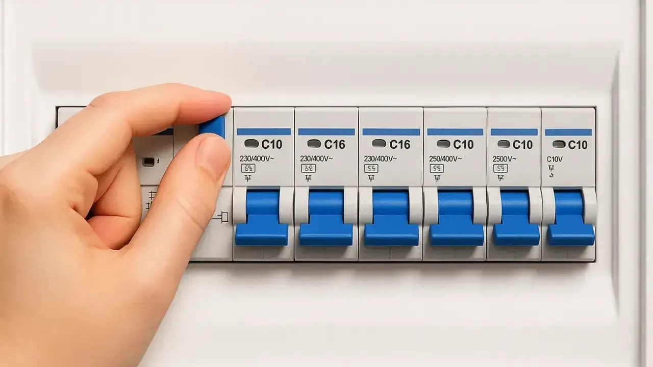 Mano manipulando un interruptor en un cuadro eléctrico, mostrando varios disyuntores. Esto ilustra qué es un diferencial eléctrico y su función de protección.