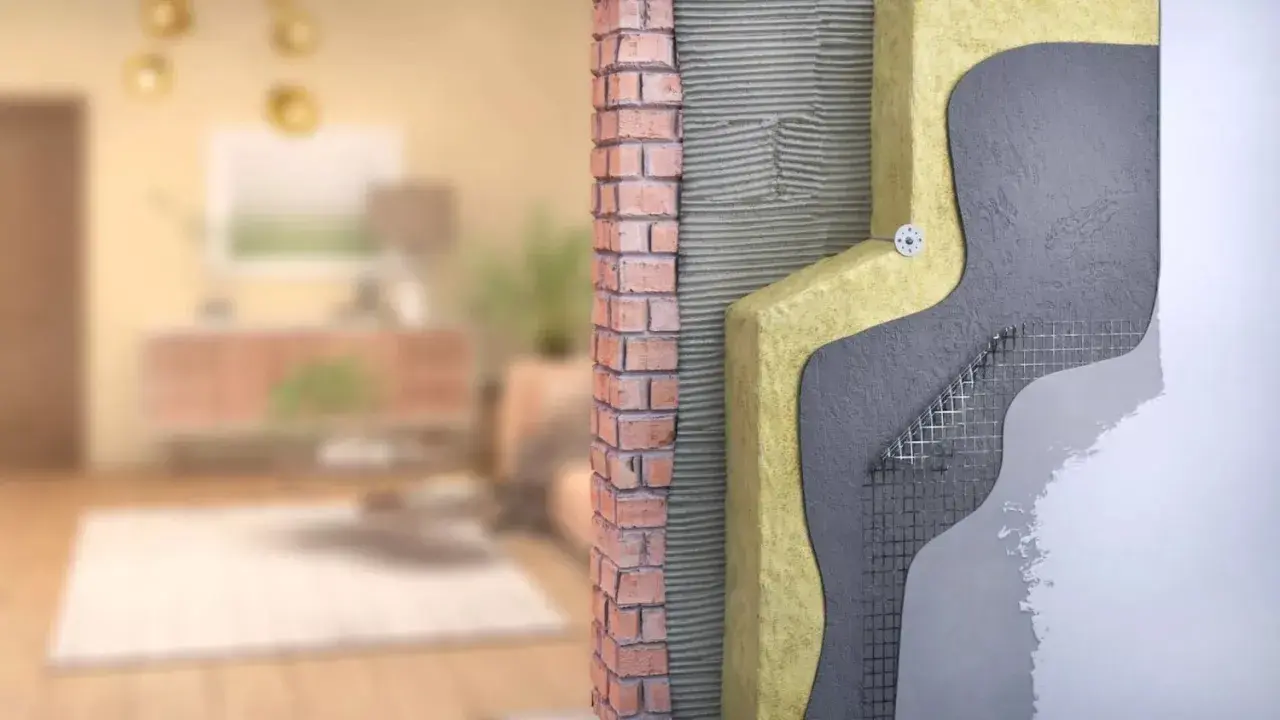 Corte de pared que muestra el aislamiento y los materiales de construcción, ilustrando cómo funciona una casa passivhaus que es eficiente energéticamente.