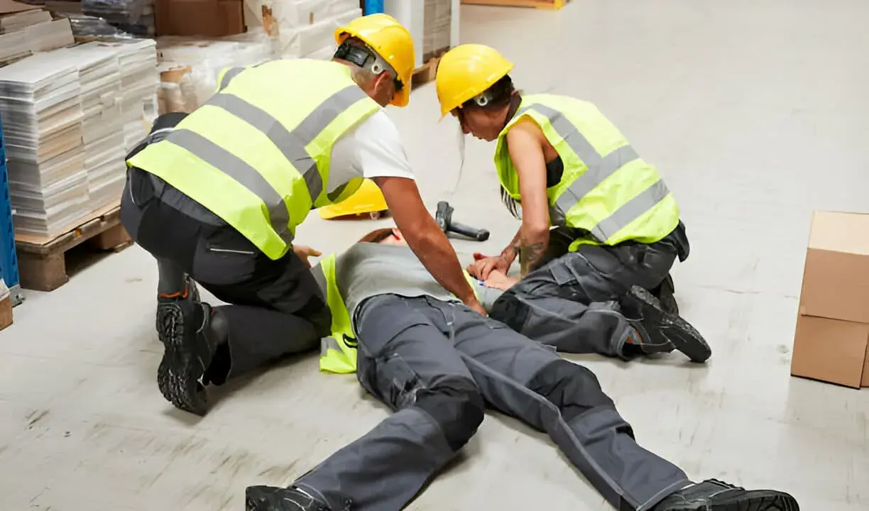 Dos trabajadores atienden a un compañero caído. Se investiga quién es el responsable de un accidente en una obra.