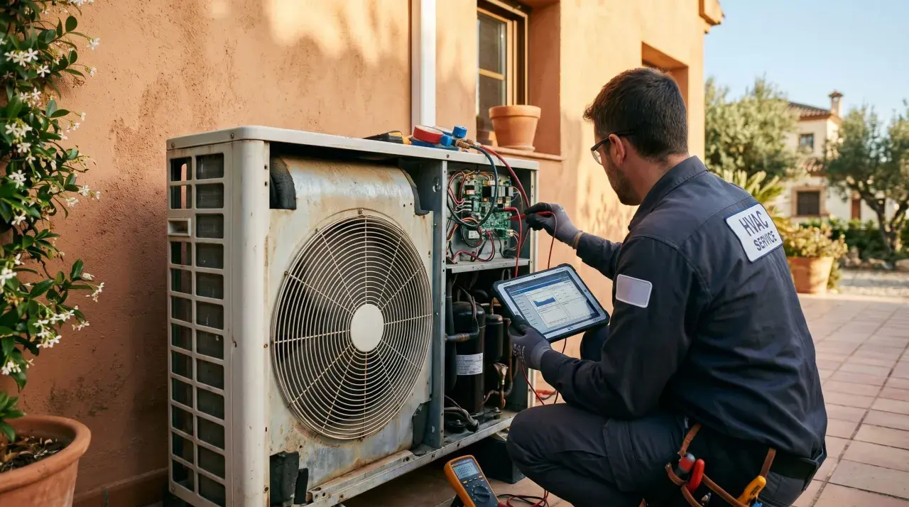 Técnico realiza mantenimiento a bomba de calor, revisando componentes y datos en tablet.