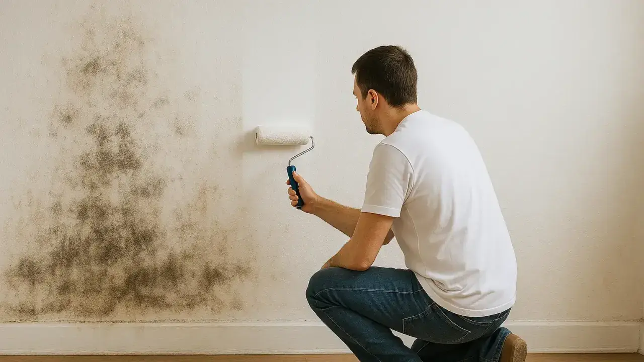 Hombre pintando pared con moho. La pintura caduca sin abrir, pero el problema de humedad persiste.