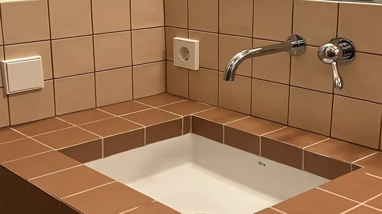 Lavabo empotrado con azulejos marrones y una **junta corrida** que delimita el espacio. Grifo cromado y enchufe visible.