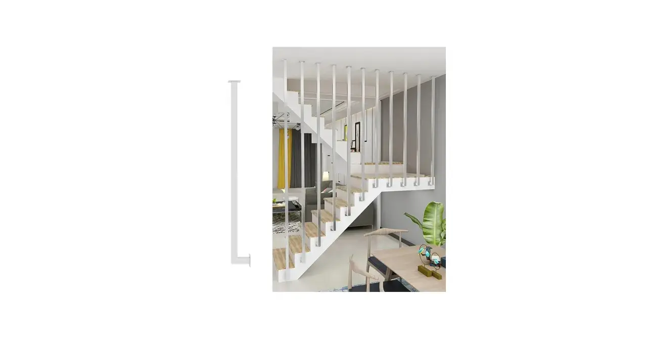 Escalera moderna con balaustres verticales blancos. Guía visual sobre como colocar balaustres en escaleras para un acabado seguro y estético.