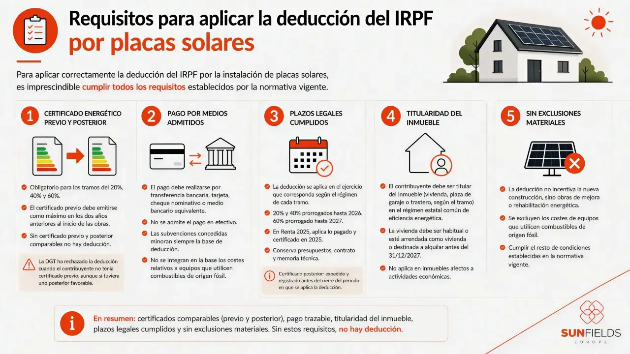 Requisitos para deducción IRPF placas solares: certificado energético, pago trazable, plazos, titularidad inmueble y sin exclusiones. La deducción por inversión en eficiencia energética es clave.