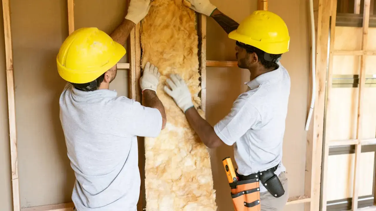 Dos obreros instalan aislamiento en una pared, eligiendo materiales con baja conductividad para mejorar la eficiencia energética.