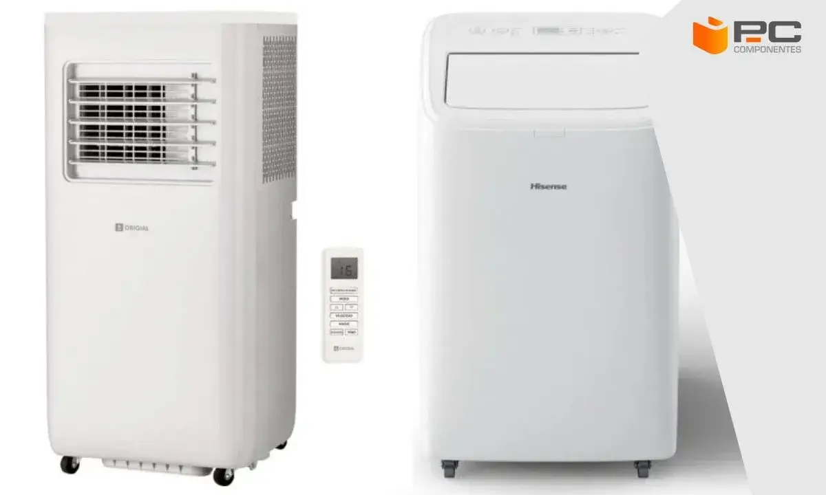 Dos aires acondicionados portátiles blancos, uno marca "ORIGIAL" con mando a distancia, y otro "Hisense". Ideales para calcular consumo aire acondicionado.