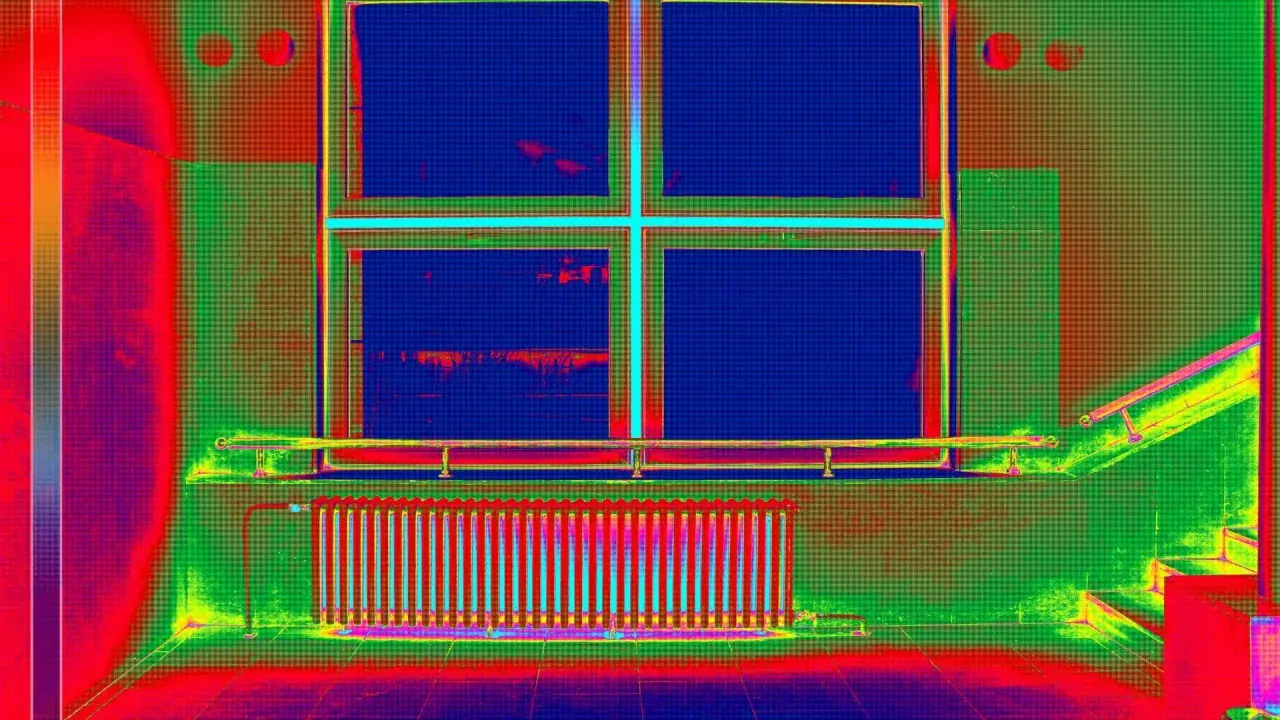 Radiador y ventana con colores falsos que resaltan el **puente térmico** en la pared.