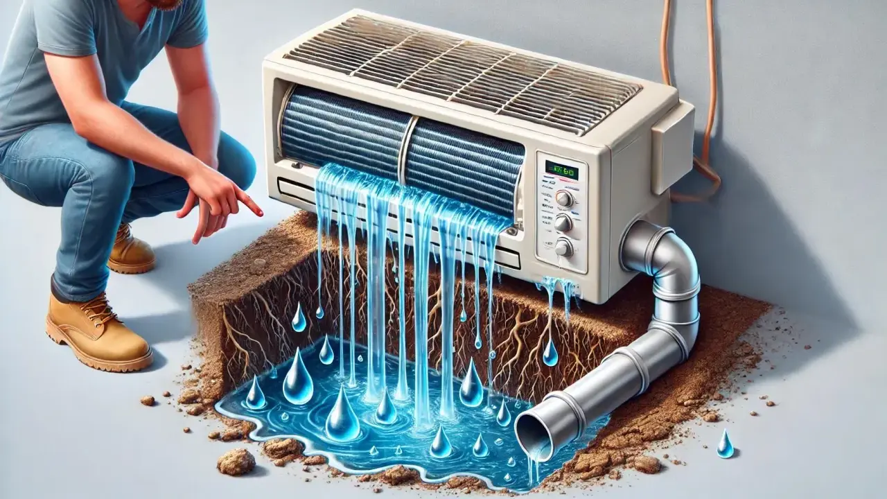 Unidad interior de aire acondicionado gotea agua. Un hombre señala la fuga mientras el agua cae sobre tierra y raíces.