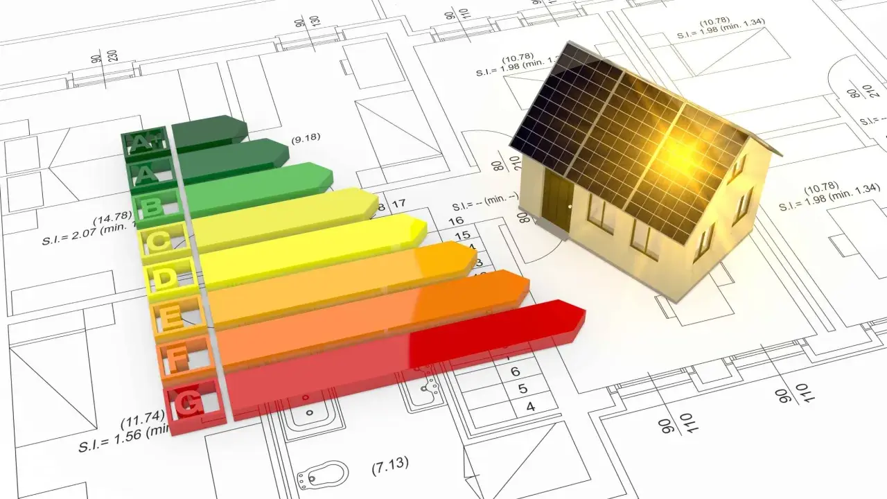 Gráfico de eficiencia energética de una vivienda con paneles solares sobre plano arquitectónico.