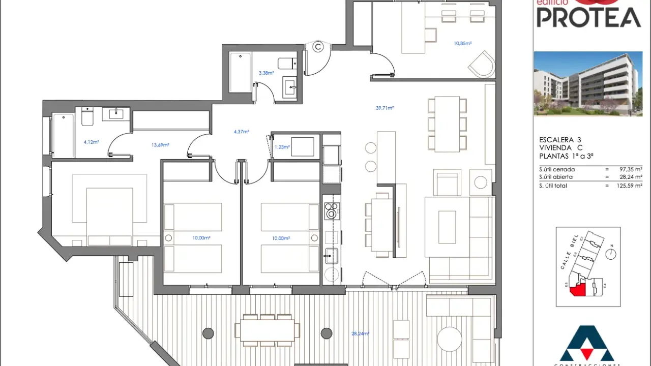 Plano de una casa con orientación norte. Muestra distribución de habitaciones, terraza y medidas.