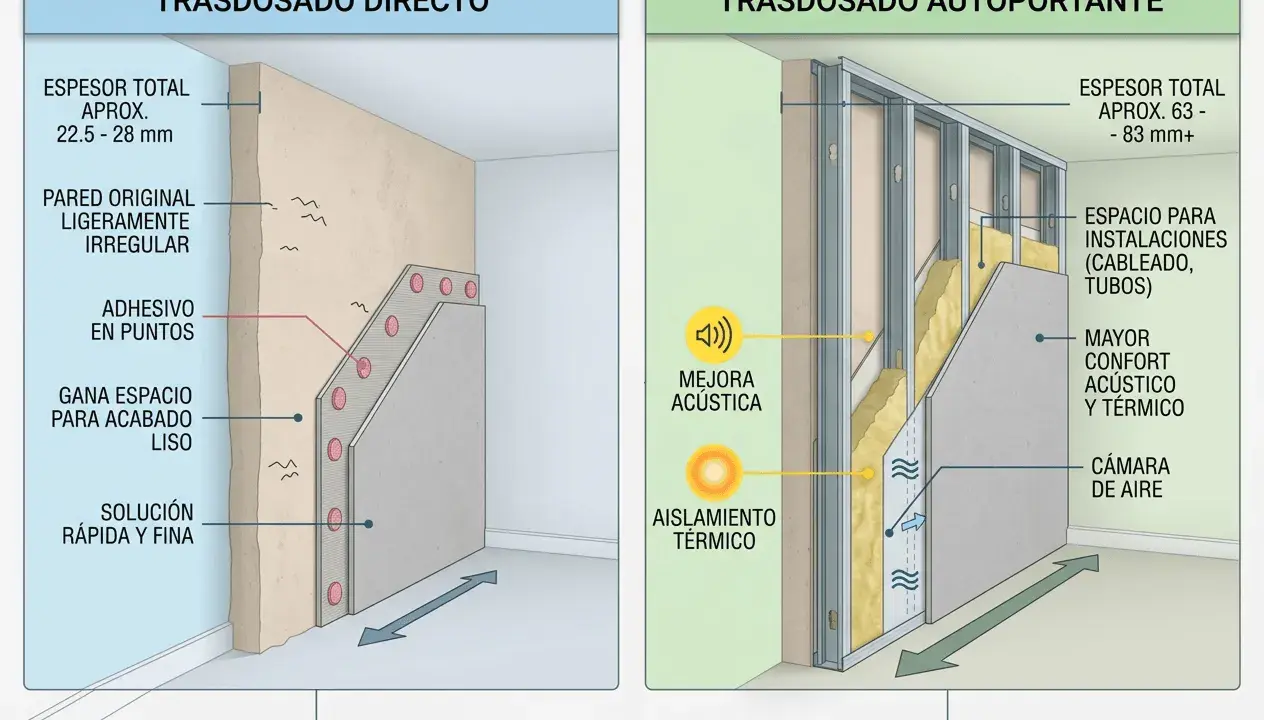 Ilustración comparativa de dos tipos de tabique casa: directo y autoportante, mostrando sus grosores y beneficios.