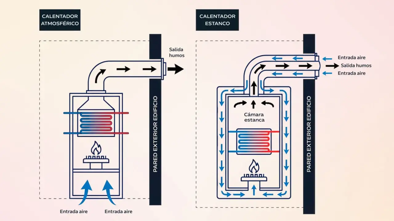 Diagrama comparativo de calentadores: atmosférico vs. estanco, mostrando la normativa de salida de gases de un calentador de butano y el flujo de aire.