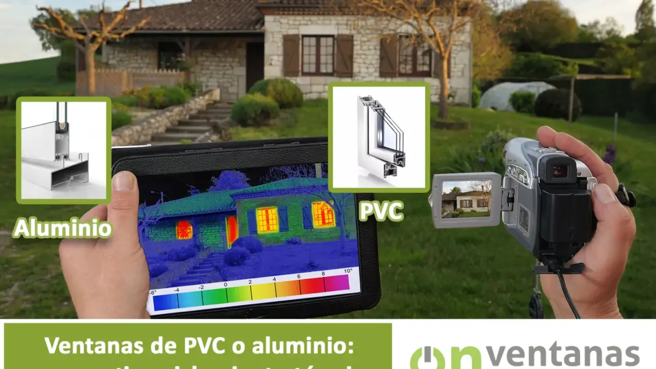 Comparativa de ventanas de PVC y aluminio, mostrando el **coeficiente aislamiento térmico** con cámara termográfica.