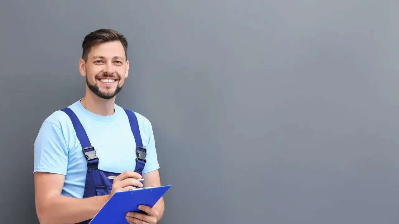 Técnico sonriente con mono azul y camiseta clara, revisando notas para el mantenimiento del aire acondicionado.