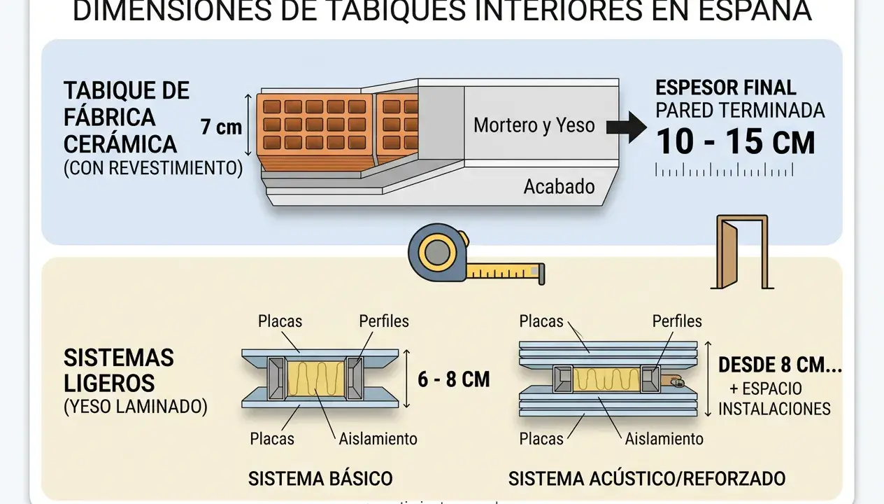 Ilustración de partes de una pared interior: tabique de fábrica cerámica, sistemas ligeros (yeso laminado) básico y acústico/reforzado, con medidas.