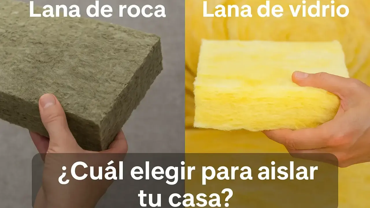 Mano sostiene un bloque de lana de roca aislante, verde grisáceo, junto a un bloque de lana de vidrio amarilla.