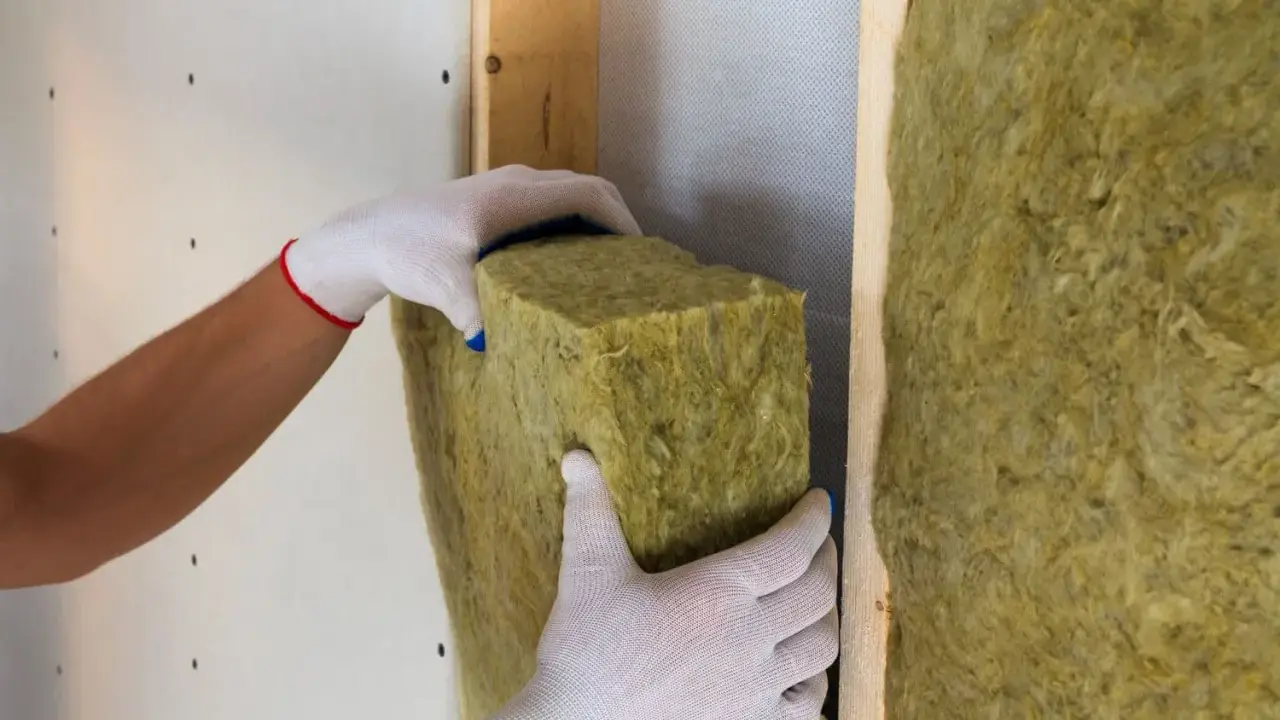 Manos enguantadas colocan aislamiento de lana de roca para saber como aislar termicamente una habitacion.