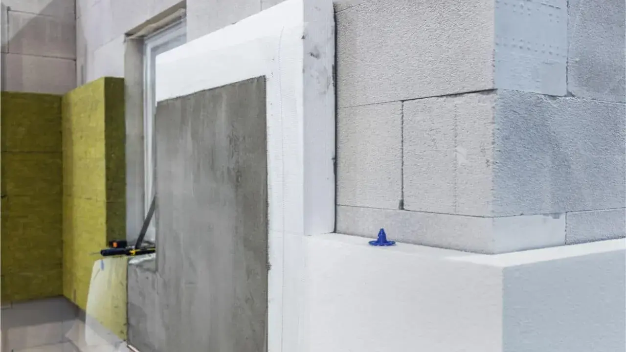 Detalles de construcción: ejemplos de aislantes térmicos como poliestireno y lana mineral en una pared de bloques.