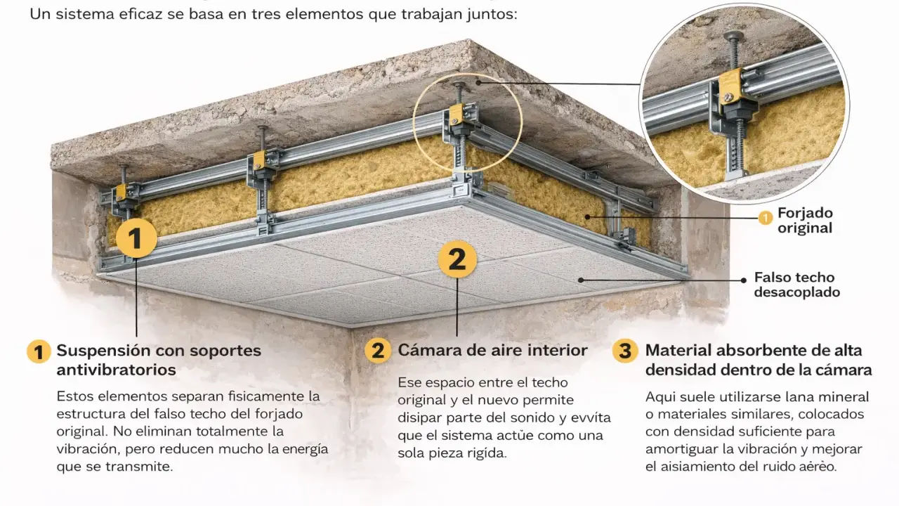 Detalle de un falso techo acústico desacoplado, ideal para aislar techo ruido vecinos. Muestra suspensión, cámara de aire y material absorbente.