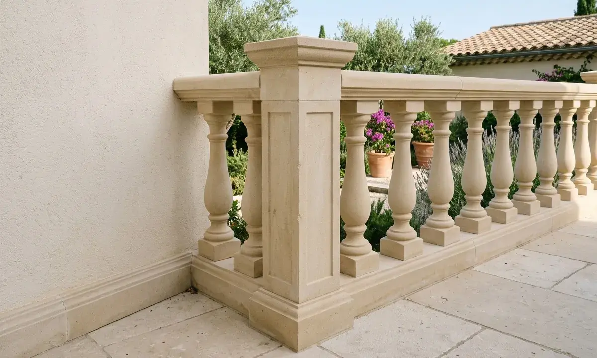 Una elegante balaustrada de piedra con balaustres torneados, que delimita un patio con baldosas y un jardín con flores púrpuras.