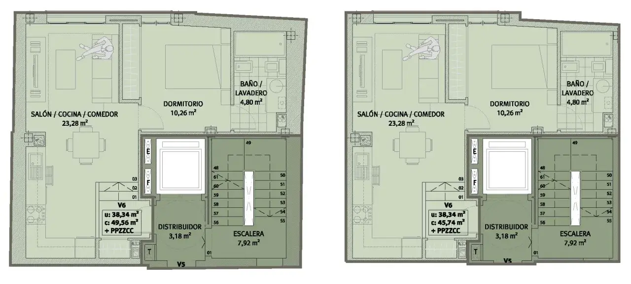 Plano de una vivienda con salón-cocina-comedor, dormitorio, baño/lavadero y distribuidor. La superficie construida del edificio se aprecia en este plano de varias plantas.