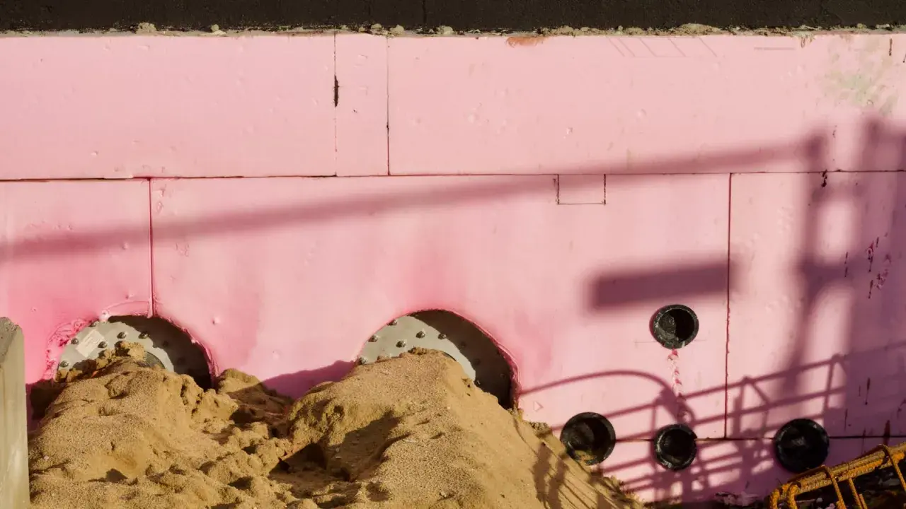 Aislamiento rosa para cimentación, con arena y tuberías. Su baja transmitancia térmica es clave para la eficiencia energética.