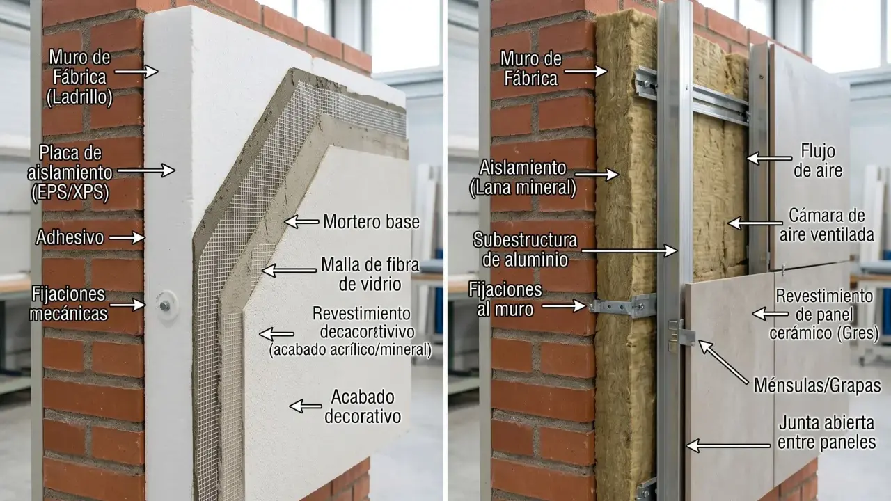 Comparativa visual: Sistema SATE vs. Fachada Ventilada. Muestra capas de aislamiento y acabados, destacando la diferencia entre ambos sistemas constructivos.