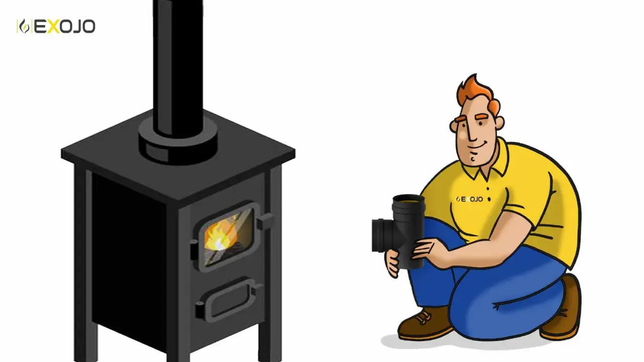 Hombre con tubo de chimenea listo para instalar en la estufa. Correcto tiro posicion de los tubos de una chimenea.