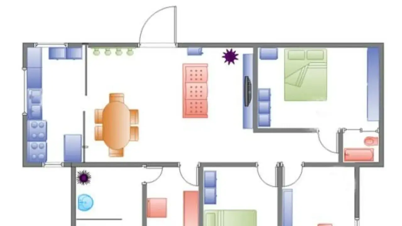 Plano de vivienda con cocina, comedor, sala, dormitorio y baño. Se planea tirar tabique para unir dos pisos y crear un espacio más amplio.