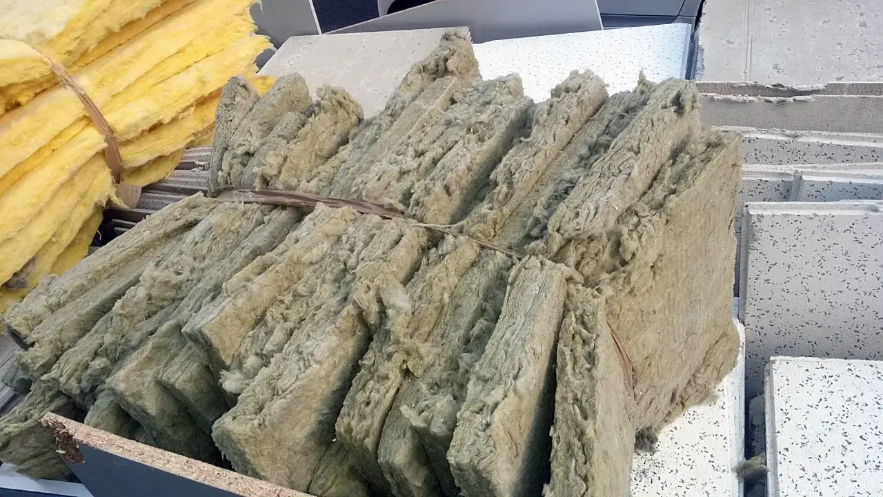 Fardos de lana de roca, material aislante que puede ser tóxico si no se maneja con cuidado, apilados junto a paneles de techo.