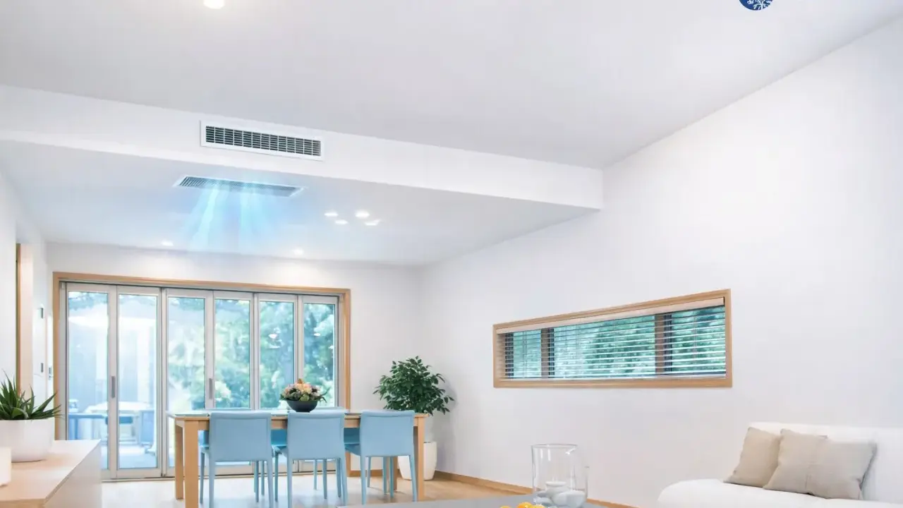 Instalación de aire acondicionado por conductos en un salón moderno. El sistema distribuye aire fresco de forma discreta.