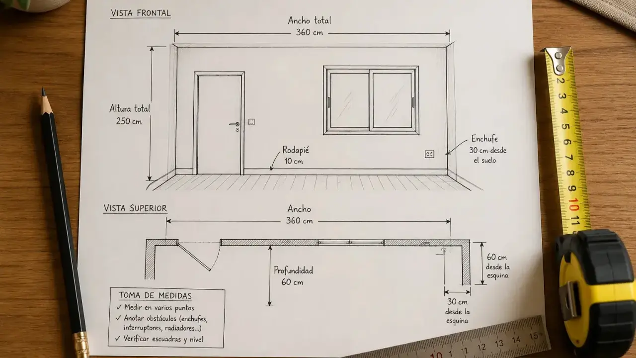 Planos de una habitación con medidas: vista frontal y superior, mostrando puerta, ventana, enchufe y rodapié. La profundidad edificable es de 60 cm.
