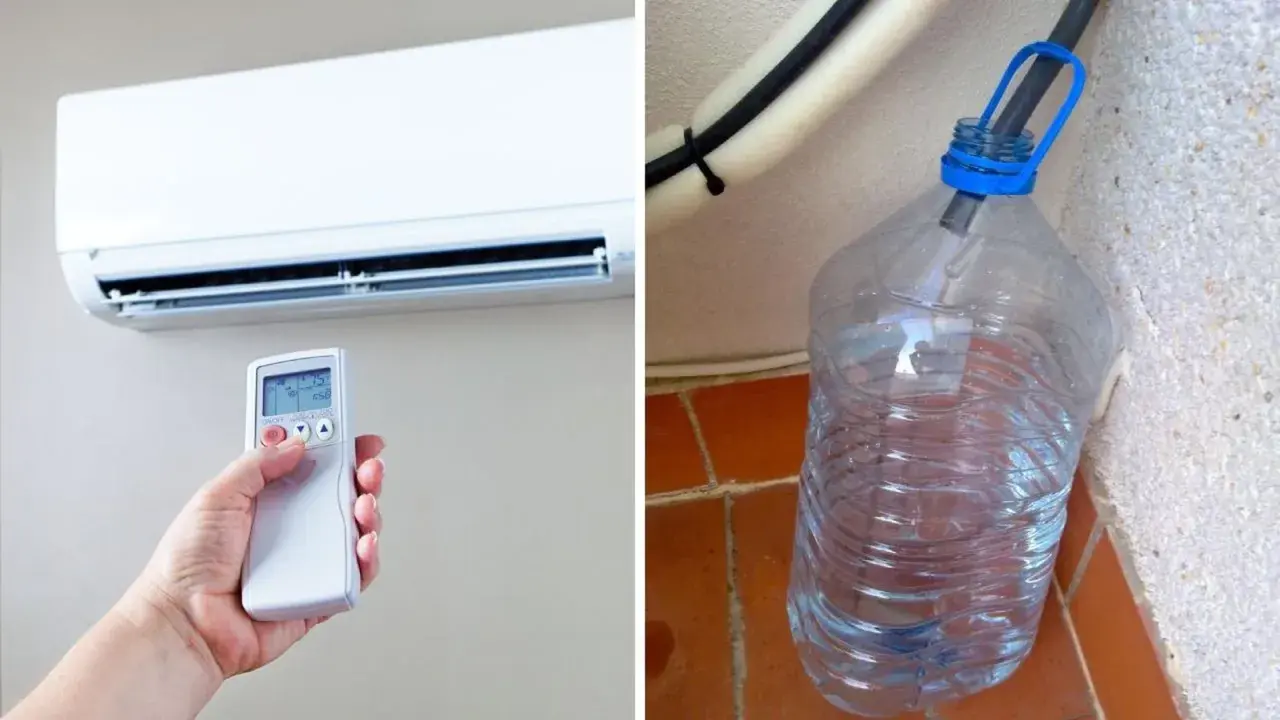 Aire acondicionado con mando a distancia y una botella recogiendo el agua del aire acondicionado es destilada.