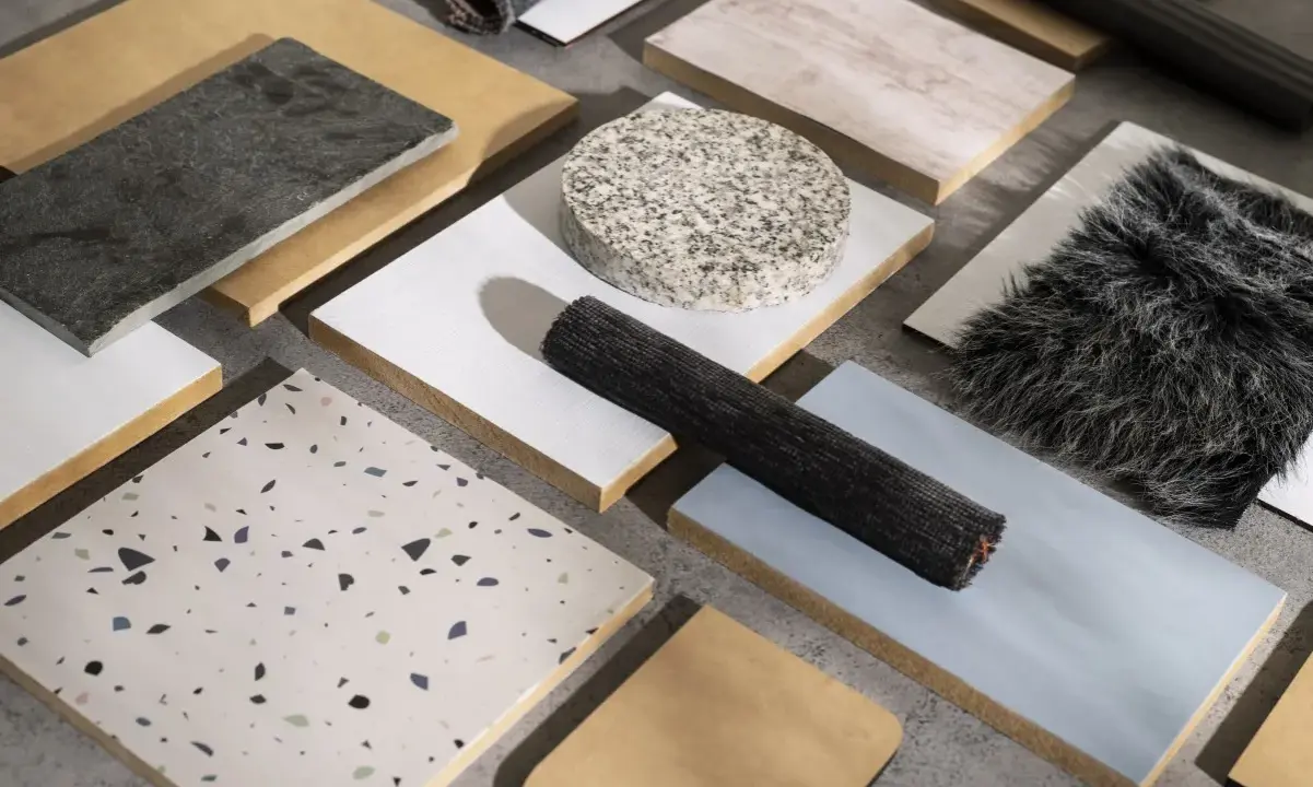 Muestras de materiales de construcción reciclados: piedra, madera, textiles y terrazzo.