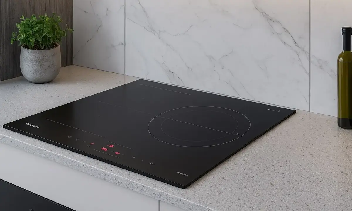 Placa de inducción negra moderna en encimera de granito. Considera los requisitos para instalar una placa de inducción para una cocina elegante.