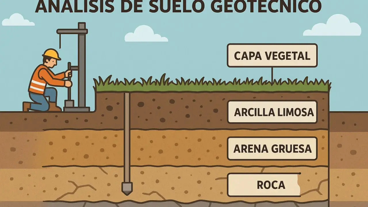Un trabajador realiza un estudio geotecnico, perforando el suelo para analizar capas de vegetación, arcilla limosa, arena gruesa y roca.