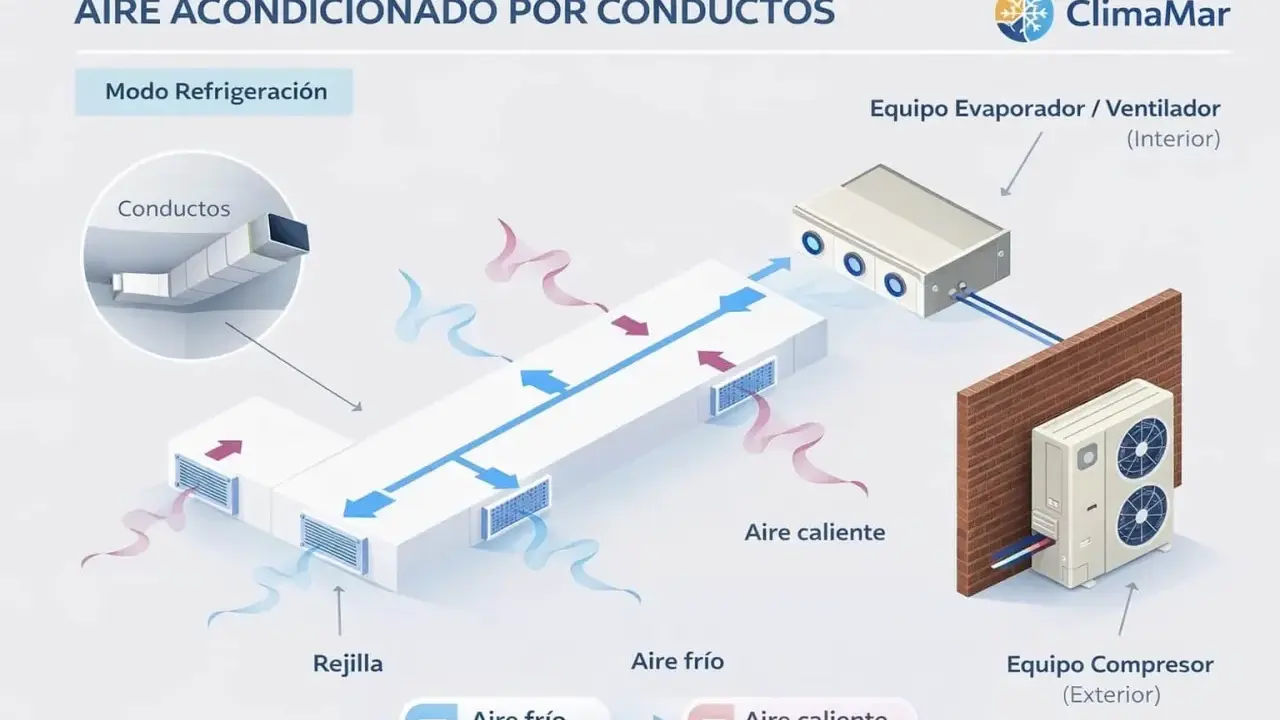 Esquema de aire acondicionado por conductos en modo refrigeración. Muestra el equipo interior y exterior, conductos, rejillas y flujo de aire frío y caliente.