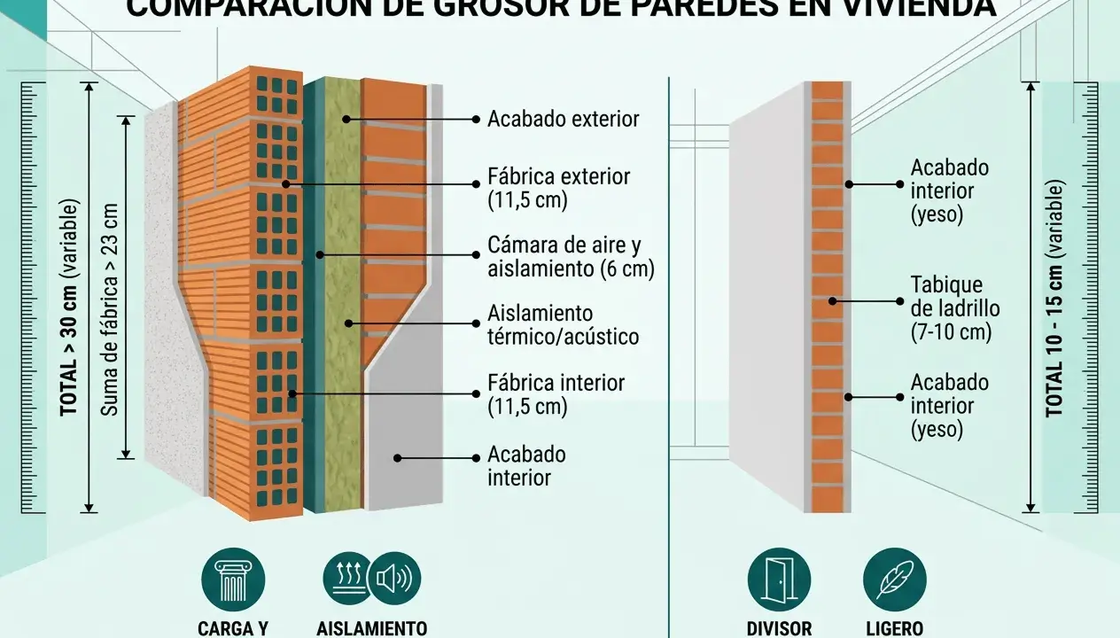Comparación de grosor de paredes. Muestra el grosor de tabique entre viviendas, con capas de aislamiento y fábrica.