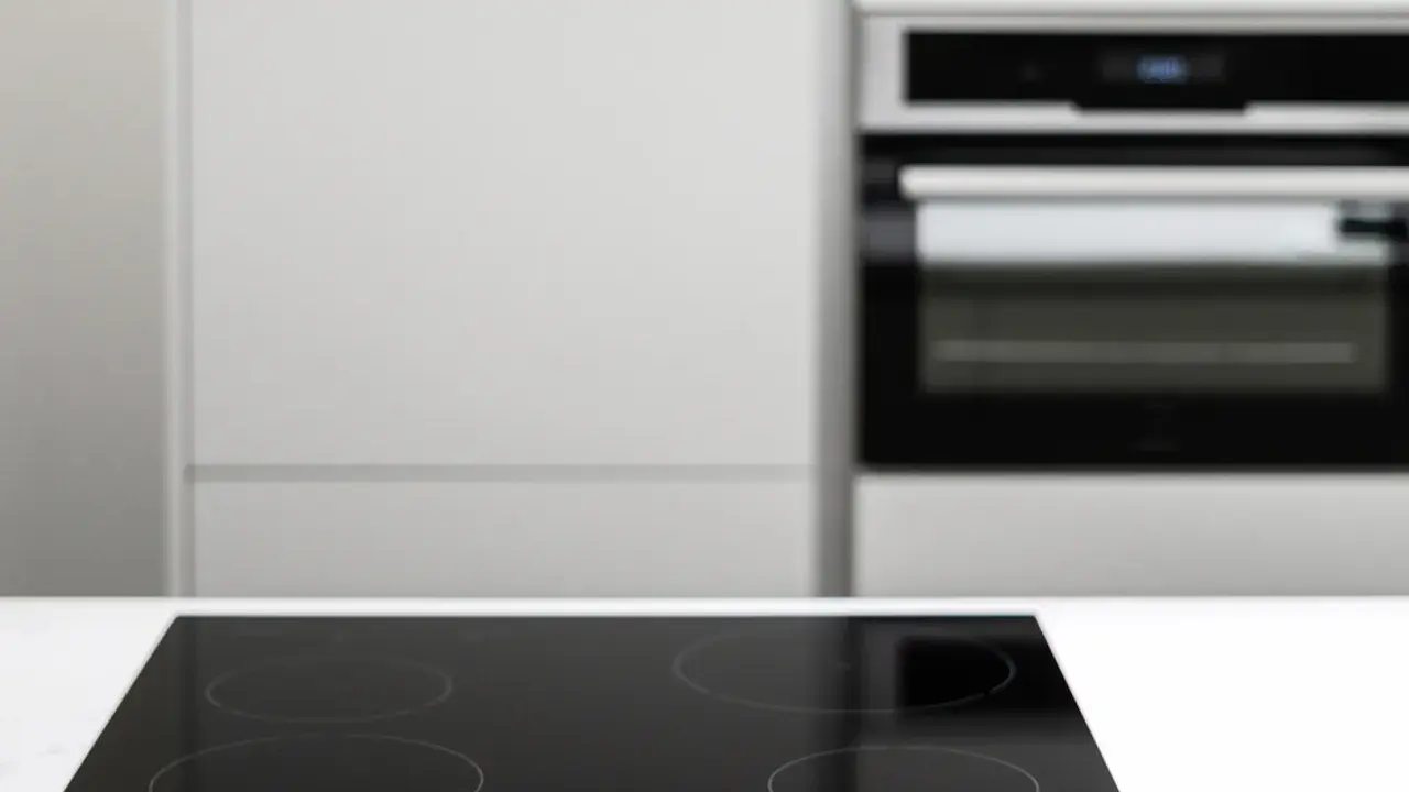 Placa vitrocerámica negra lista para instalar junto a un horno empotrado en una cocina moderna.