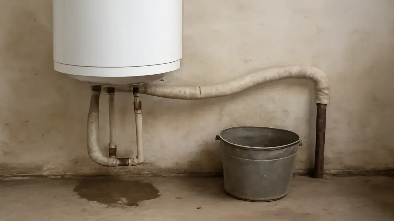 Un termo pierde agua por arriba, mojando el suelo y un cubo metálico espera bajo la tubería.