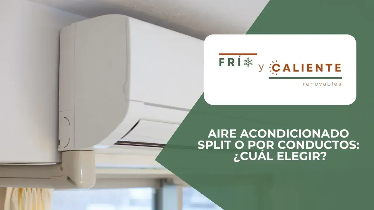 Un aire acondicionado split, moderno y blanco, montado en la pared. El logo "Frí y Caliente" aparece junto al texto "¿Qué es split aire acondicionado?".