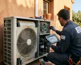Técnico realiza mantenimiento a bomba de calor, revisando componentes y datos en tablet.