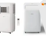 Dos aires acondicionados portátiles blancos, uno marca "ORIGIAL" con mando a distancia, y otro "Hisense". Ideales para calcular consumo aire acondicionado.