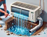 Unidad interior de aire acondicionado gotea agua. Un hombre señala la fuga mientras el agua cae sobre tierra y raíces.