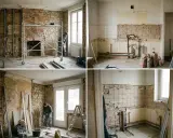 Obras en curso: un trabajador usa un martillo neumático en una habitación con andamios. Parece que hubo que cambiar de arquitecto a mitad de obra.