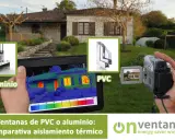Comparativa de ventanas de PVC y aluminio, mostrando el **coeficiente aislamiento térmico** con cámara termográfica.