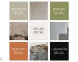 Mortero de cal, estuco, veladura, pintura y hormigón de cal, materiales de construcción con acabados texturizados.