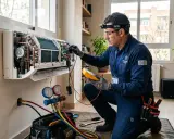 Técnico revisa avería de aire acondicionado con multímetro y manómetros.