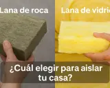 Mano sostiene un bloque de lana de roca aislante, verde grisáceo, junto a un bloque de lana de vidrio amarilla.