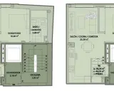 Plano de una vivienda con salón-cocina-comedor, dormitorio, baño/lavadero y distribuidor. La superficie construida del edificio se aprecia en este plano de varias plantas.